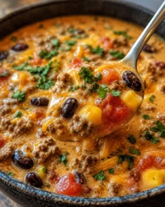 A hearty bowl of creamy cowboy soup with beans, beef, and vegetables.