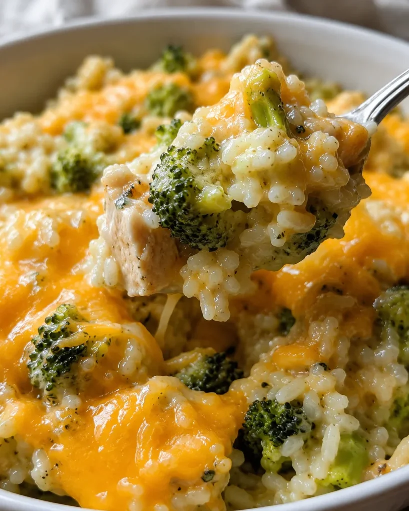 Delicious cheesy chicken and broccoli rice served in a bowl, fresh and comforting.