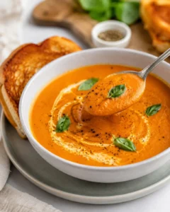 A bowl of creamy roasted tomato soup garnished with basil leaves and black pepper.