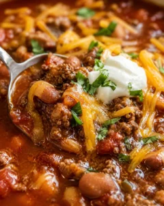 Close-up of homemade taco soup with cheese, sour cream, and cilantro garnish.