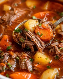 A comforting bowl of pot roast soup with carrots, potatoes, and shredded beef