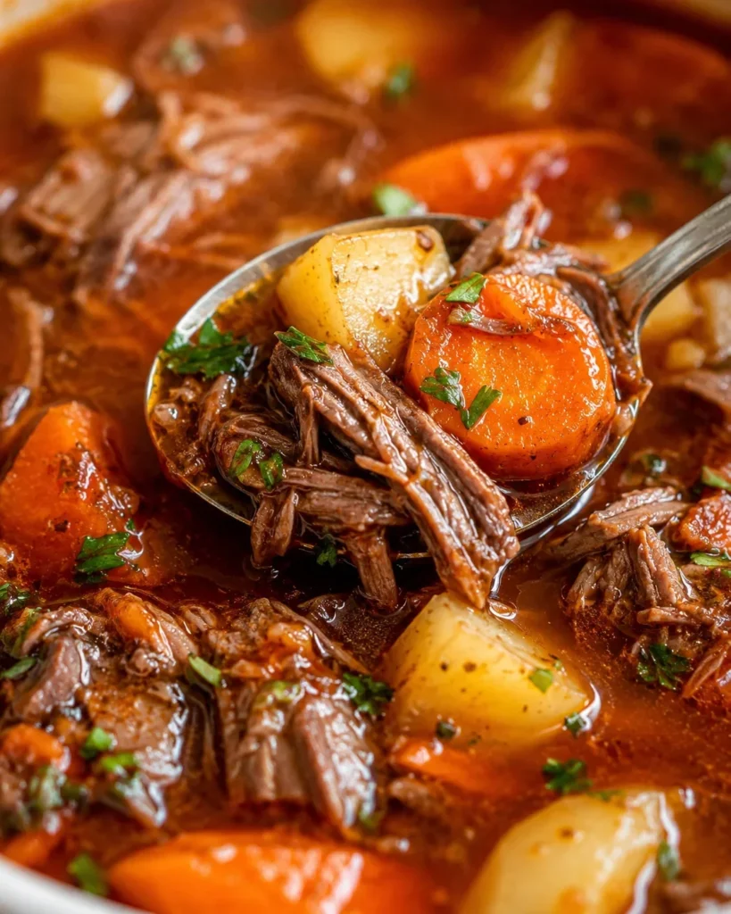 A comforting bowl of pot roast soup with carrots, potatoes, and shredded beef