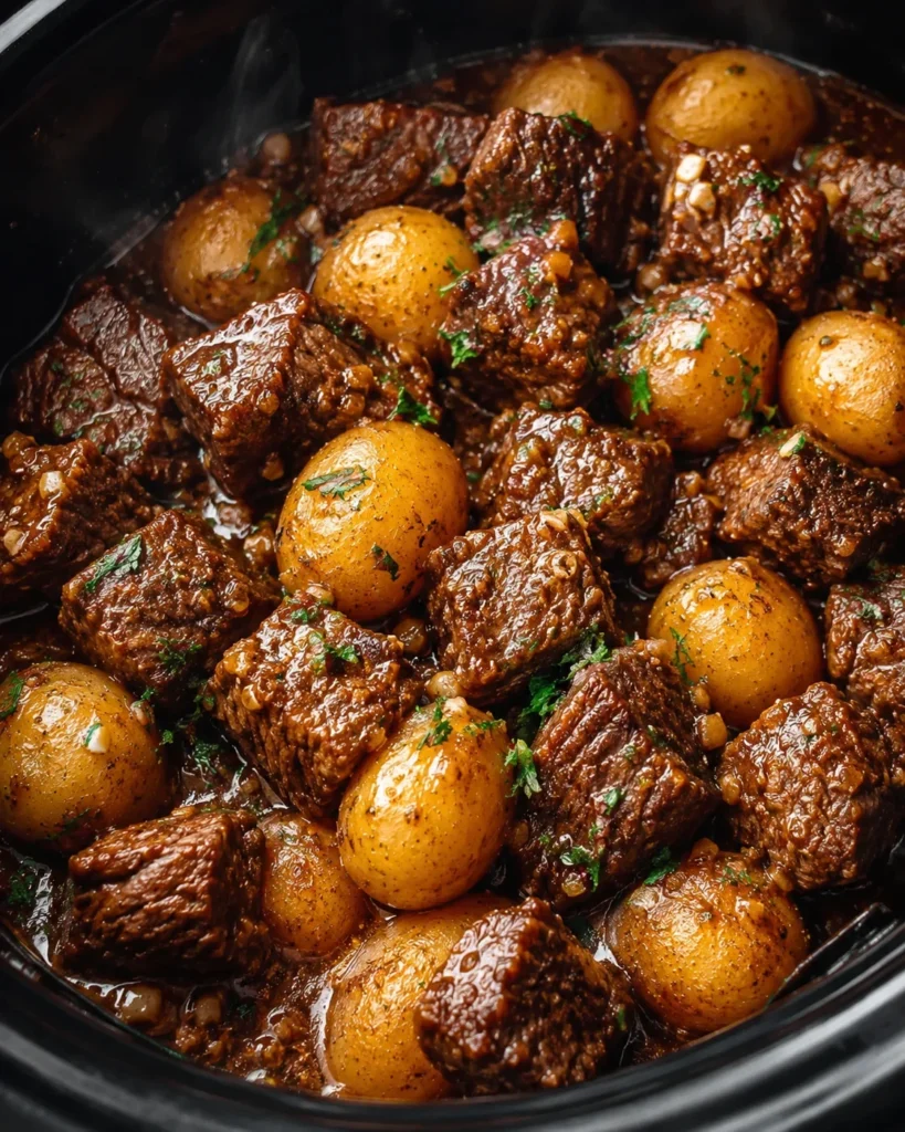 Tender beef chunks and baby potatoes cooked in garlic butter sauce in a slow cooker.