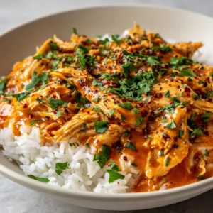 Close-up of a white ceramic bowl filled with fluffy white rice topped with thick, shredded chicken in a glossy, reddish-orange creamy Cajun butter sauce.
