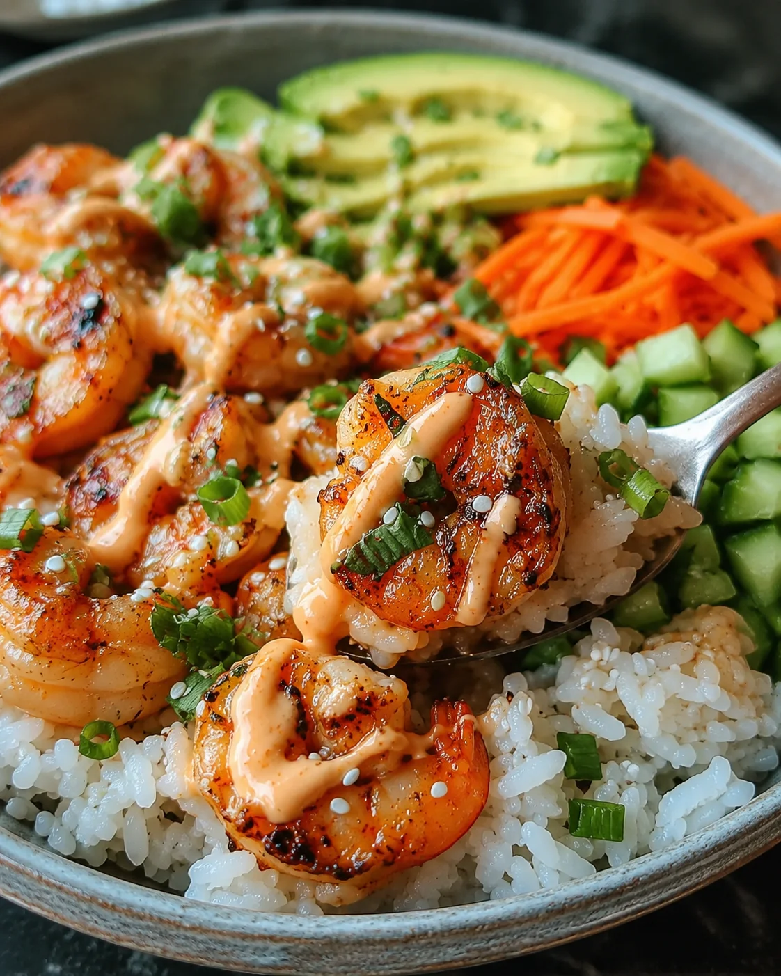 Colorful shrimp rice bowls topped with avocado, cucumber, and spicy mayo.