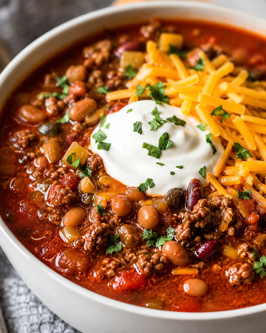 Close-up of flavorful taco soup topped with cheese and cilantro in a bowl