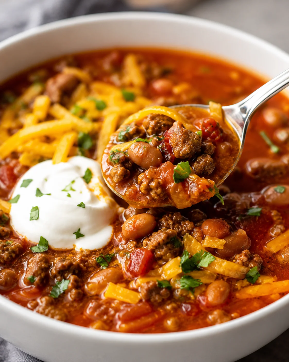 Close-up of a flavorful bowl of taco soup with toppings and beans.