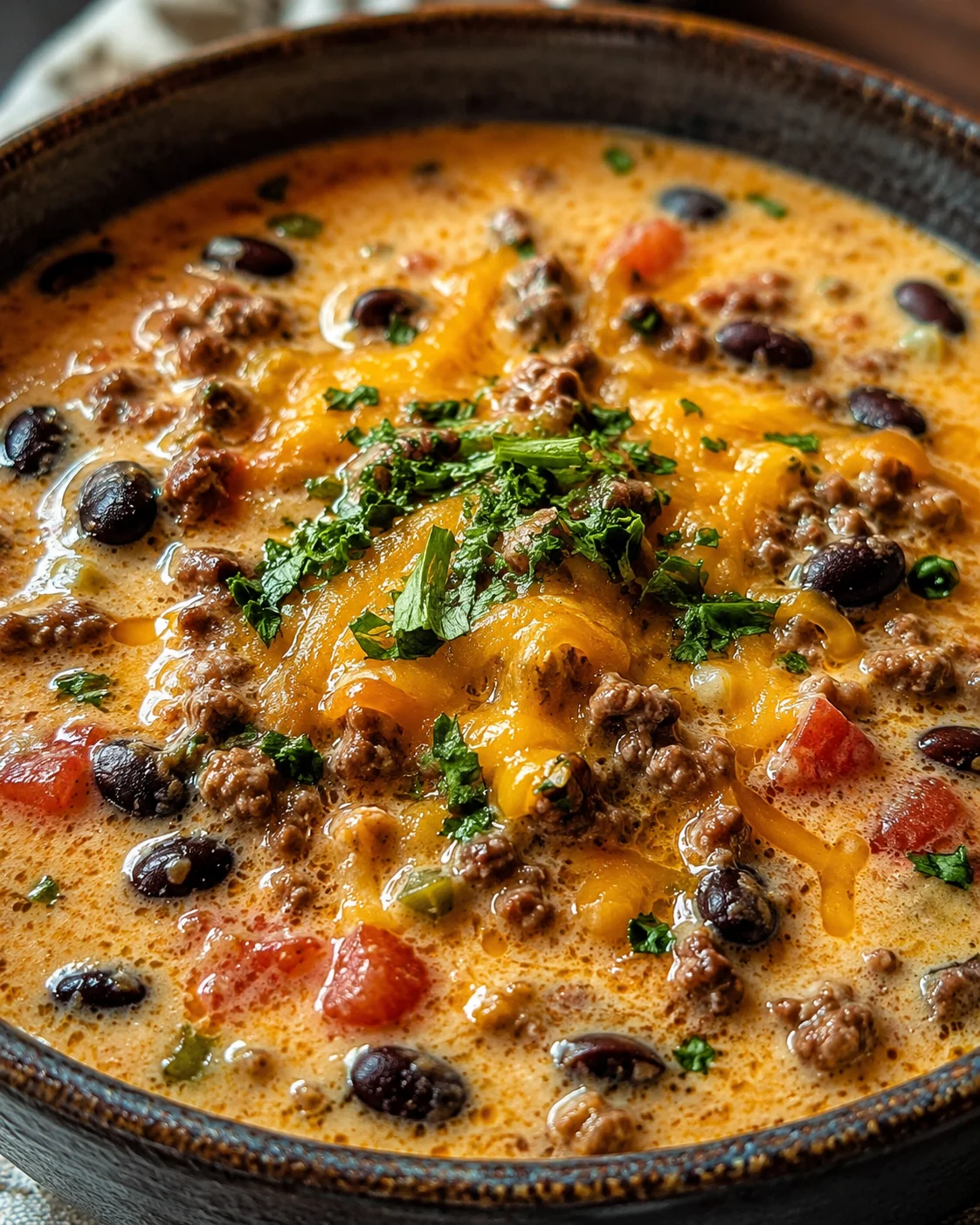 A close-up of a hot bowl of creamy cowboy soup with cheese and herbs.