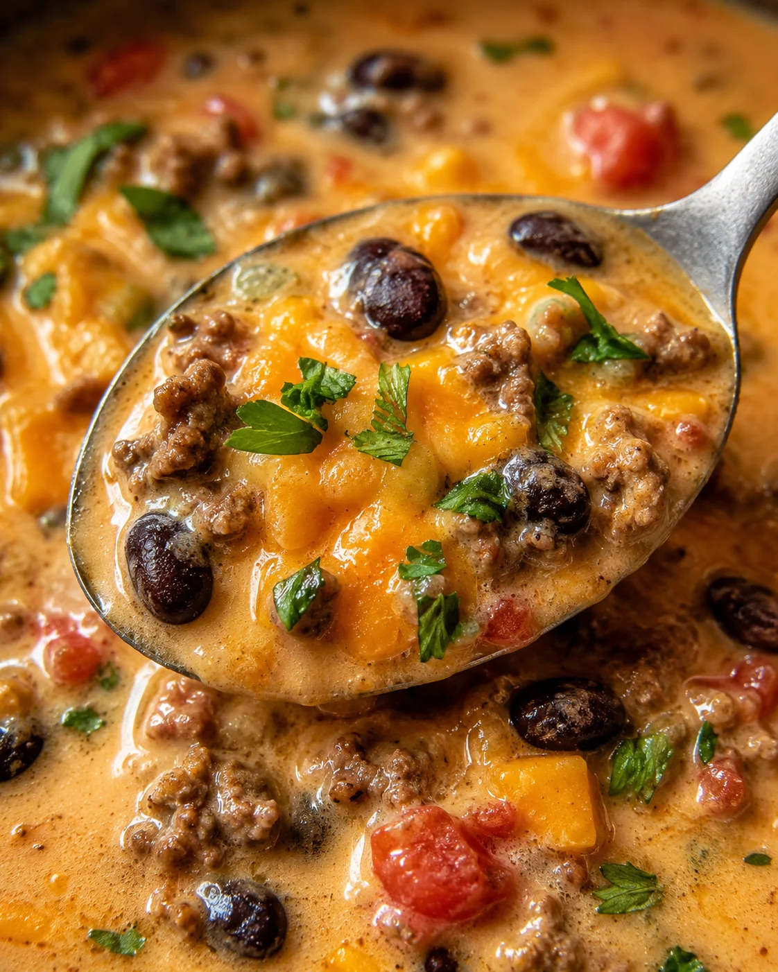 A close-up of hearty creamy cowboy soup with beef, beans, and herbs in a spoon