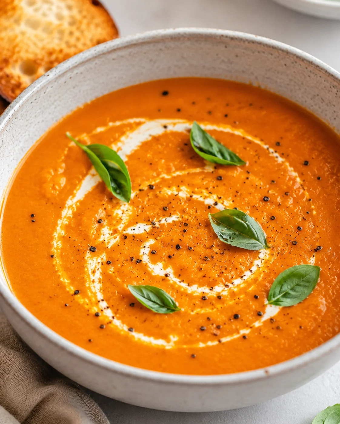 A bowl of vibrant, creamy roasted tomato soup garnished with basil leaves.