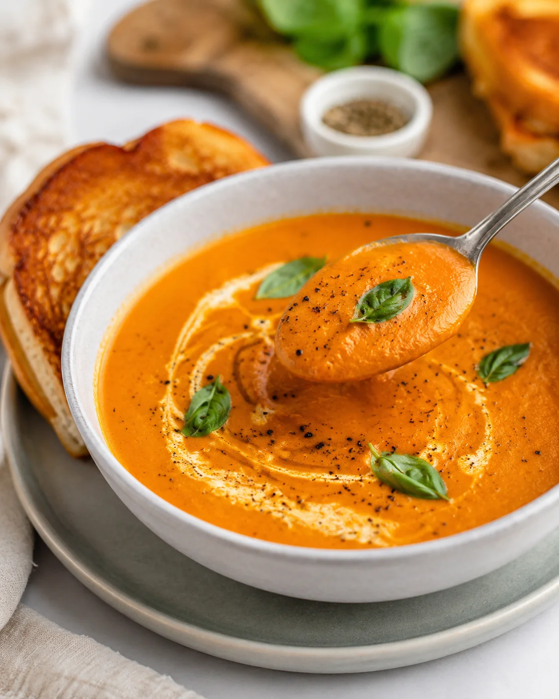 A bowl of creamy roasted tomato soup garnished with basil leaves and black pepper.