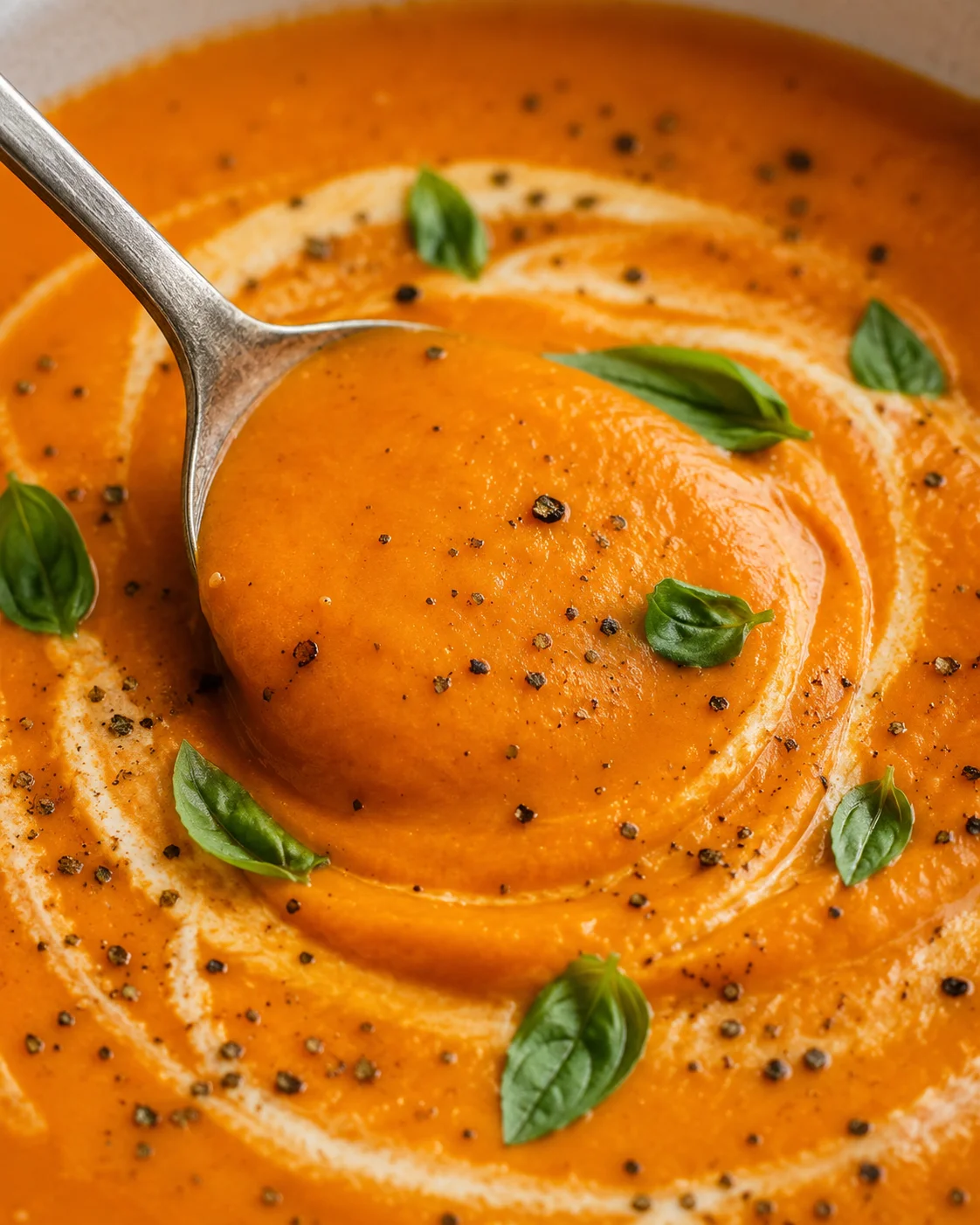 Creamy roasted tomato soup garnished with basil and black pepper.