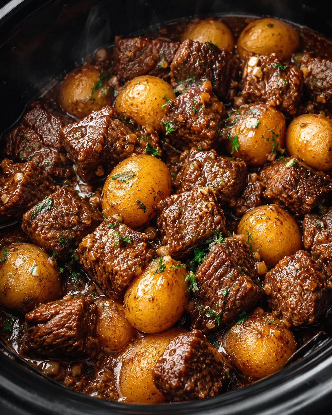 Tender beef chunks and baby potatoes cooked in garlic butter sauce in a slow cooker.