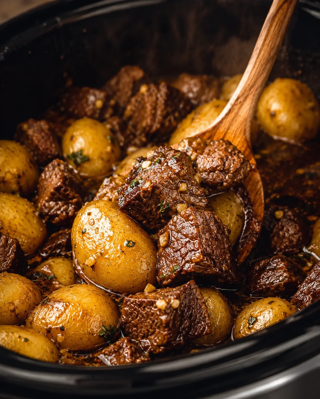 Slow Cooker Garlic Butter Beef Bites Tender beef and baby potatoes simmering in garlic butter sauce in a slow cooker.