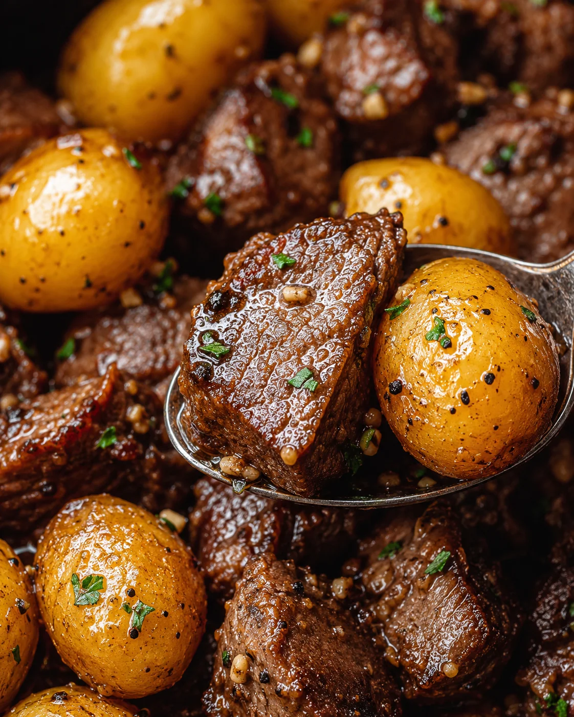 Slow Cooker Garlic Butter Beef Bites Tender beef and potatoes cooked in a rich garlic butter sauce in a slow cooker
