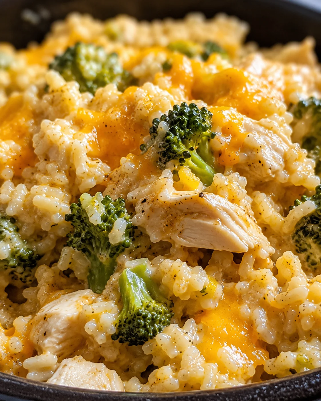 Delicious cheesy chicken broccoli rice cooked in a crockpot, topped with melted cheese.