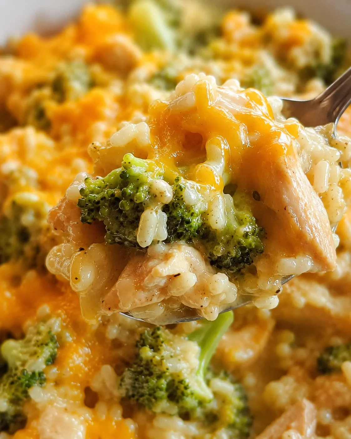 Close-up of creamy cheesy chicken broccoli rice in a serving spoon
