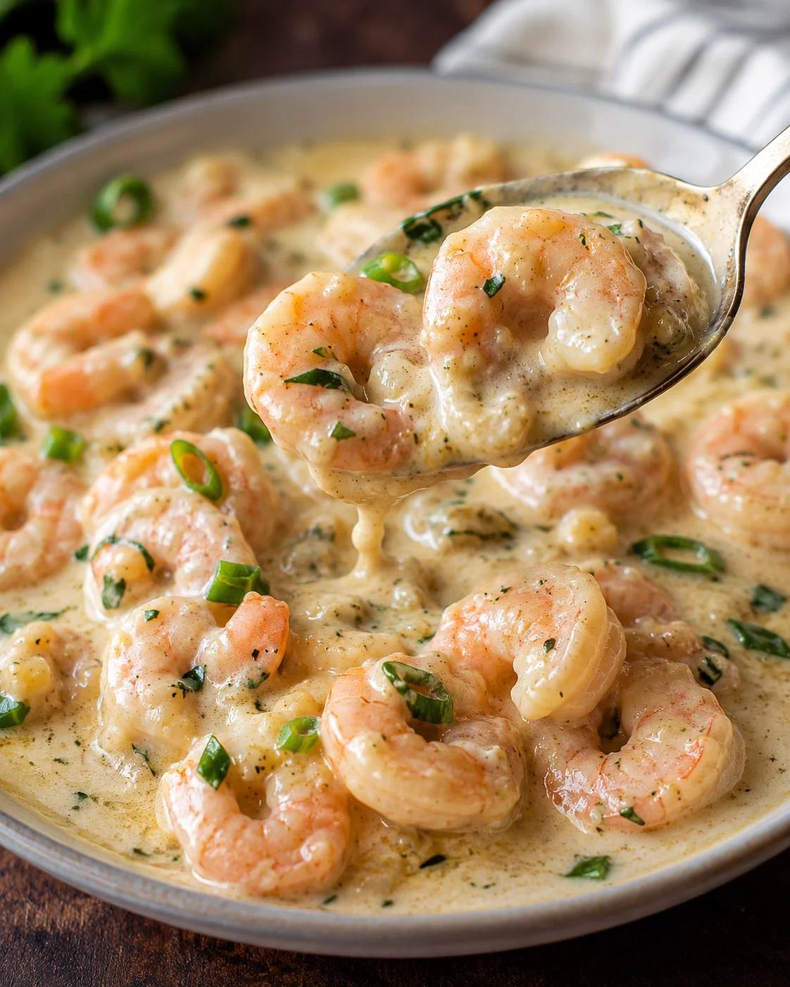 Served shrimp in a rich garlic and parmesan sauce with green onions.