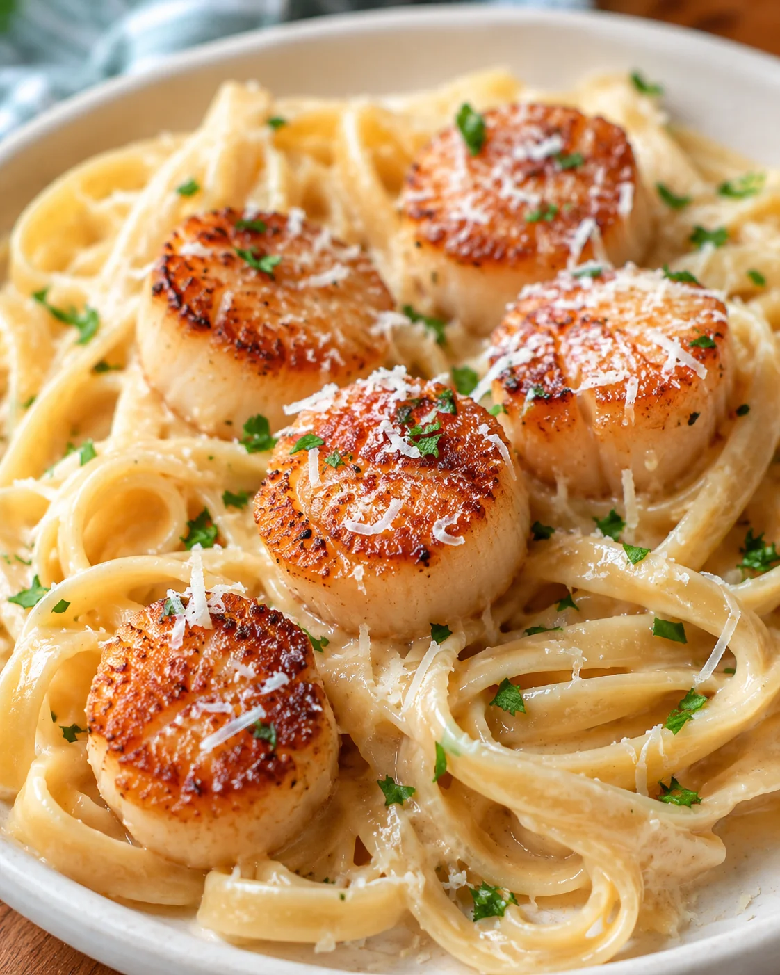 Close-up of golden seared scallops served with creamy Alfredo-style sauce and pasta.