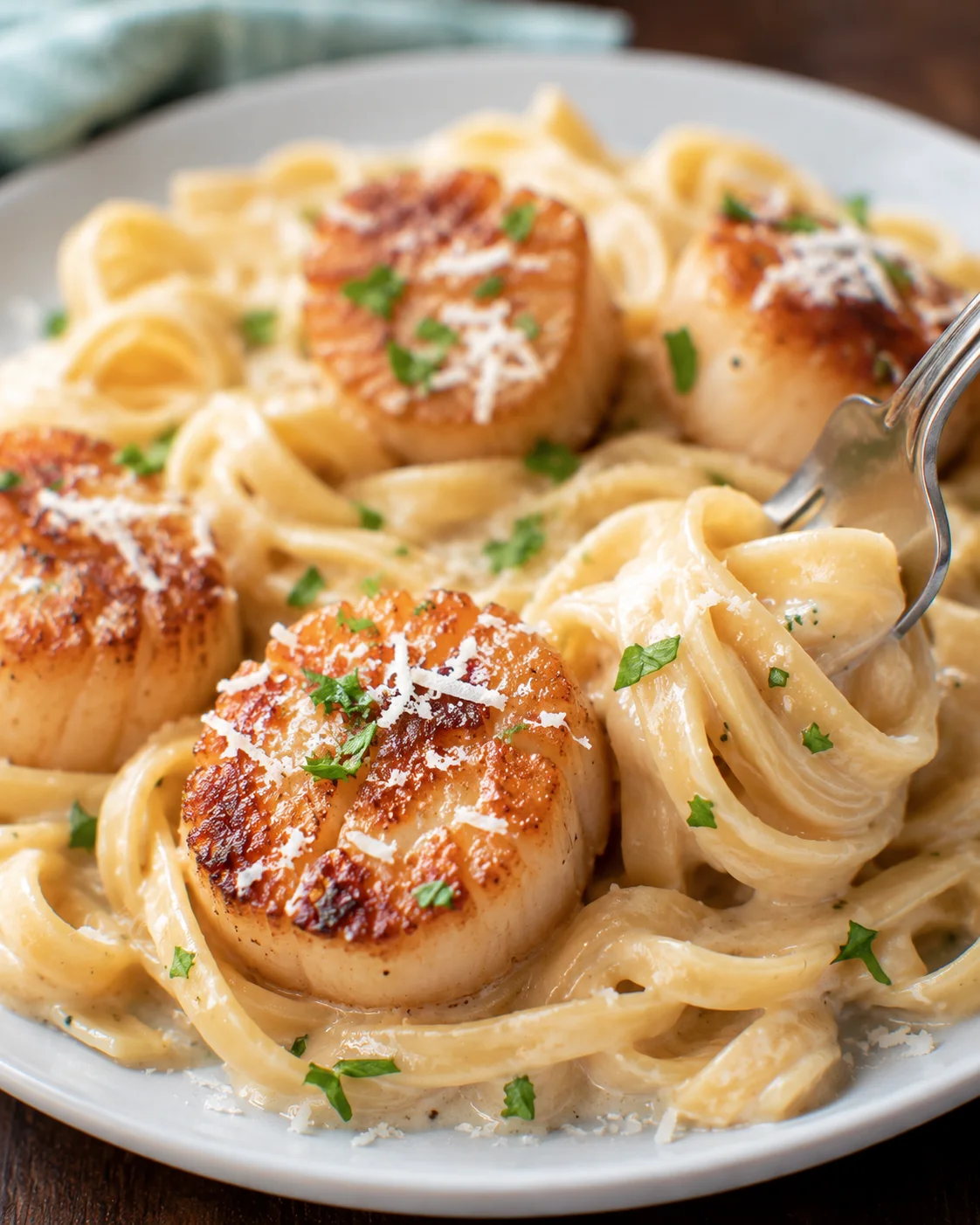 Seared Scallop with Cream Sauce Delicious seared scallops with creamy Parmesan sauce served over pasta