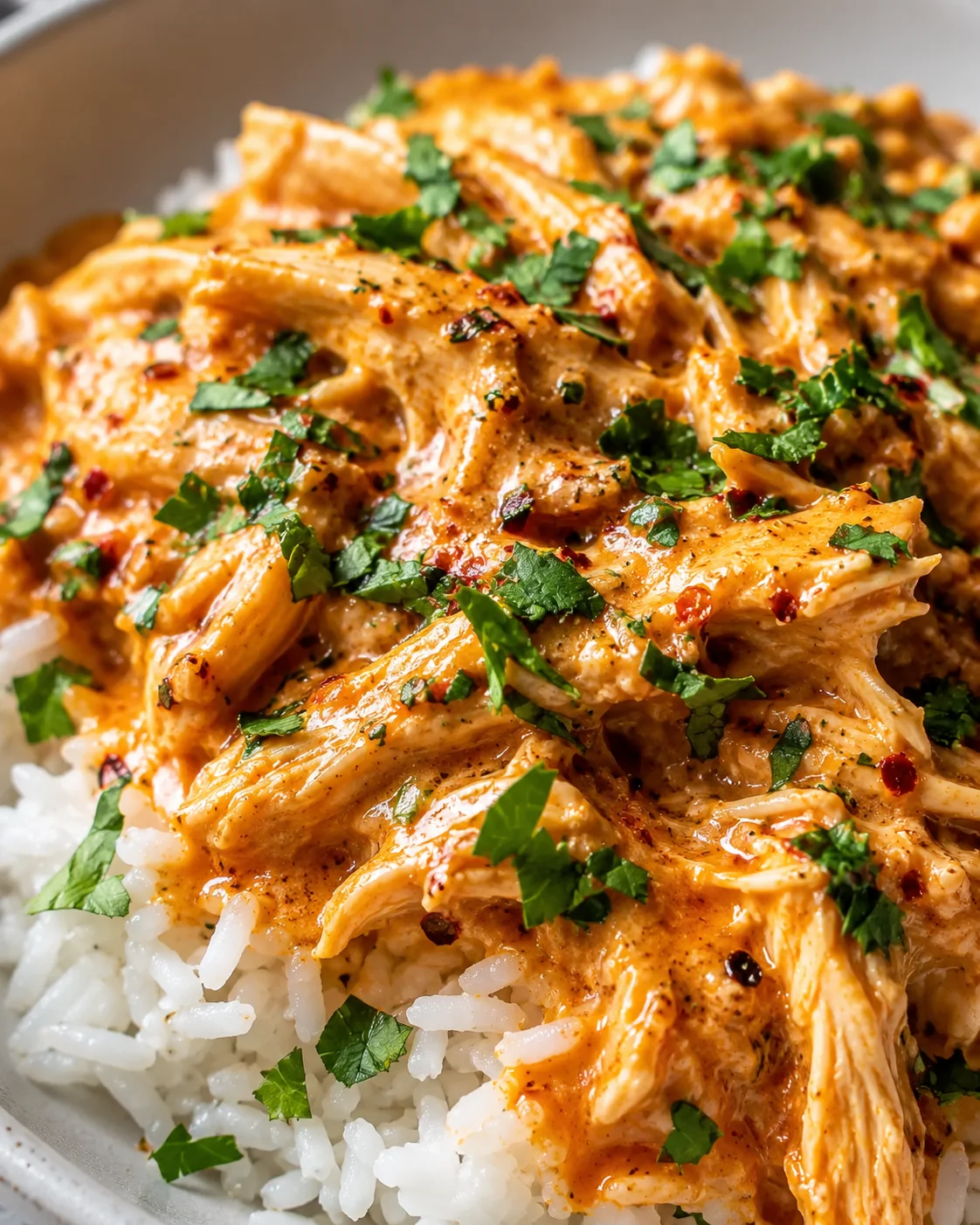 Close-up of tender shredded chicken with Cajun sauce and fresh parsley garnish