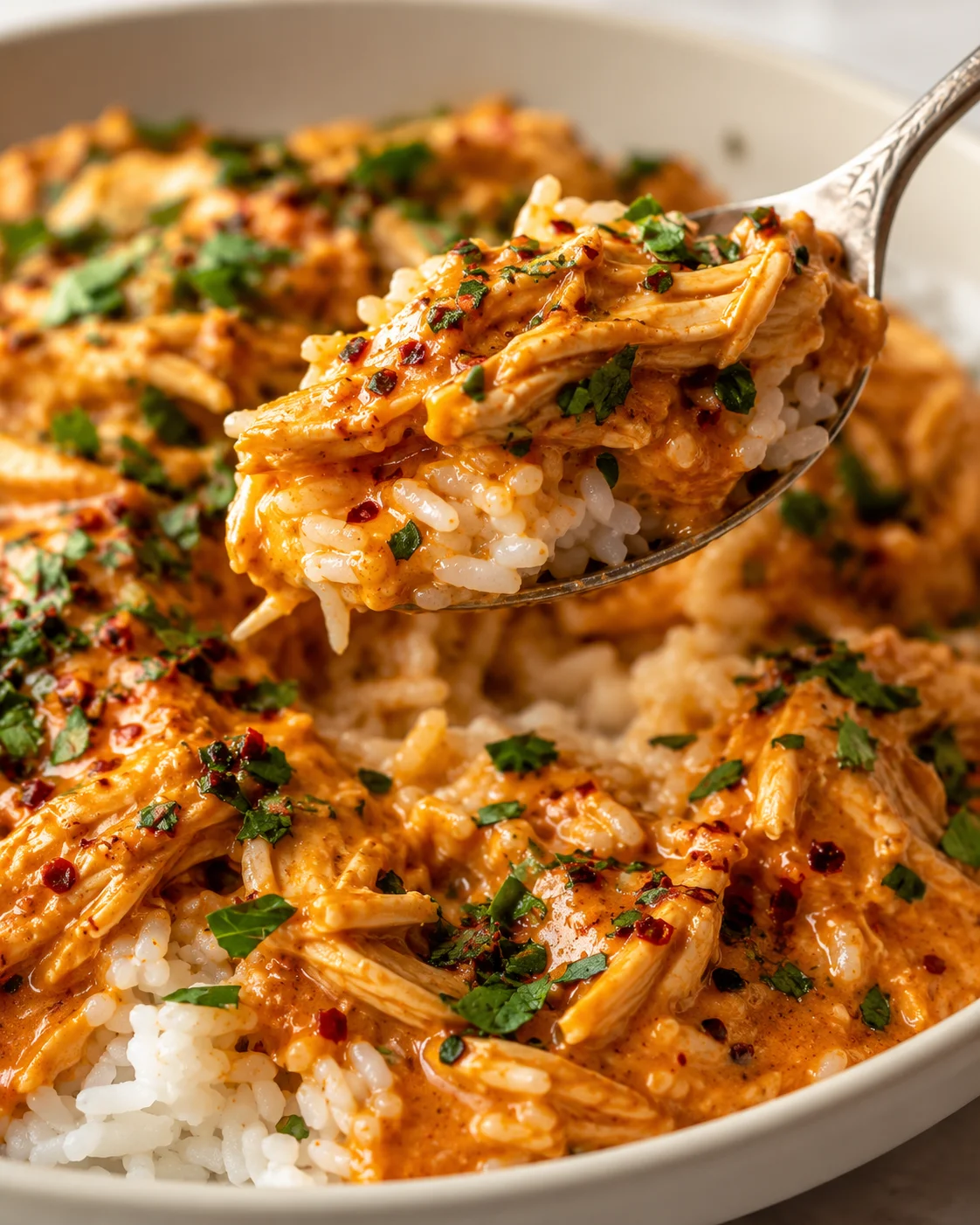 Close-up of tender shredded chicken in creamy Cajun sauce over rice, garnished with herbs.