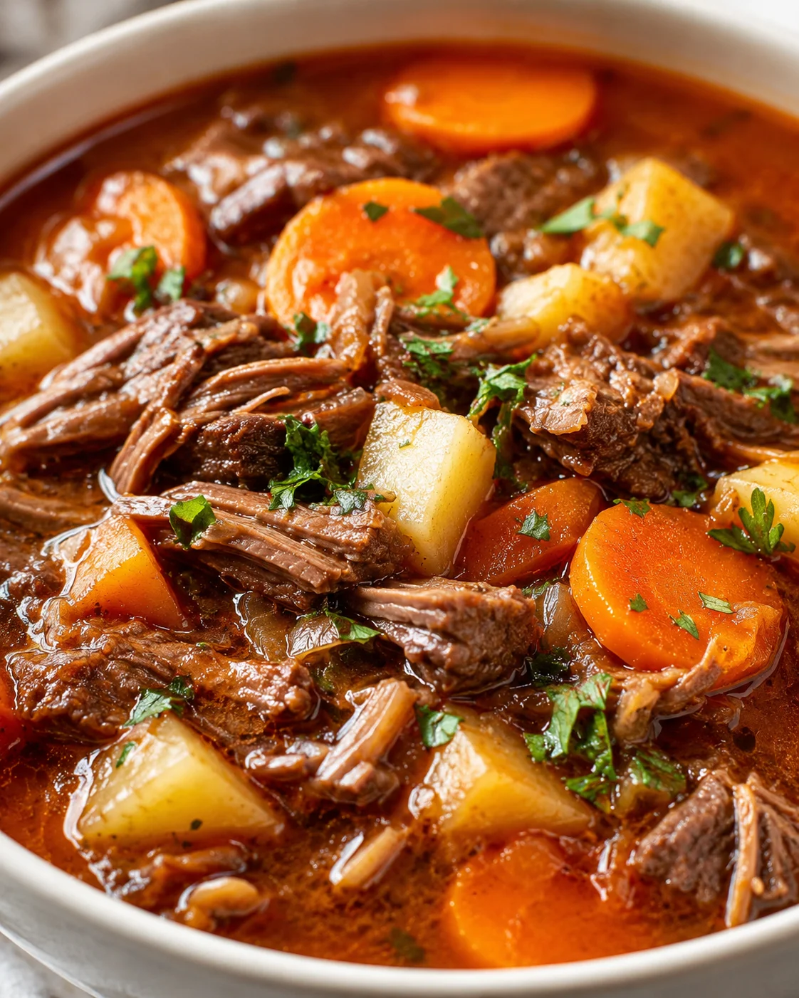 Warm and hearty pot roast soup with vegetables and tender beef chunks