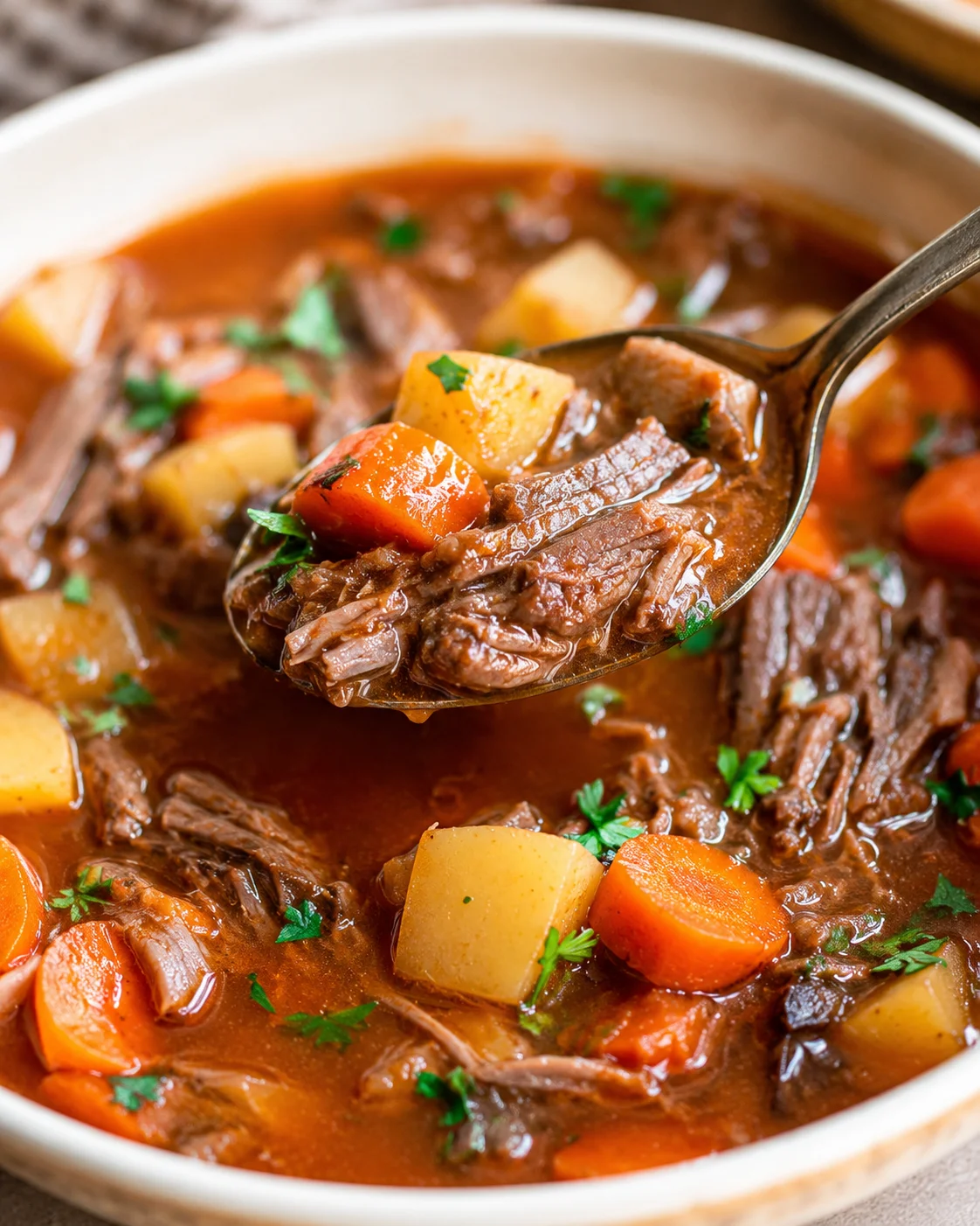 Delicious pot roast soup with tender beef, vegetables, and rich broth in a bowl