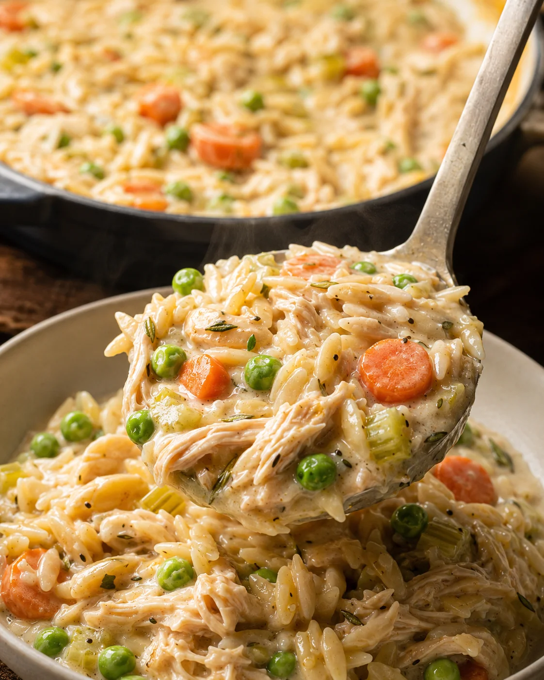 Creamy chicken pot pie orzo served in a bowl with vegetables and shredded chicken.