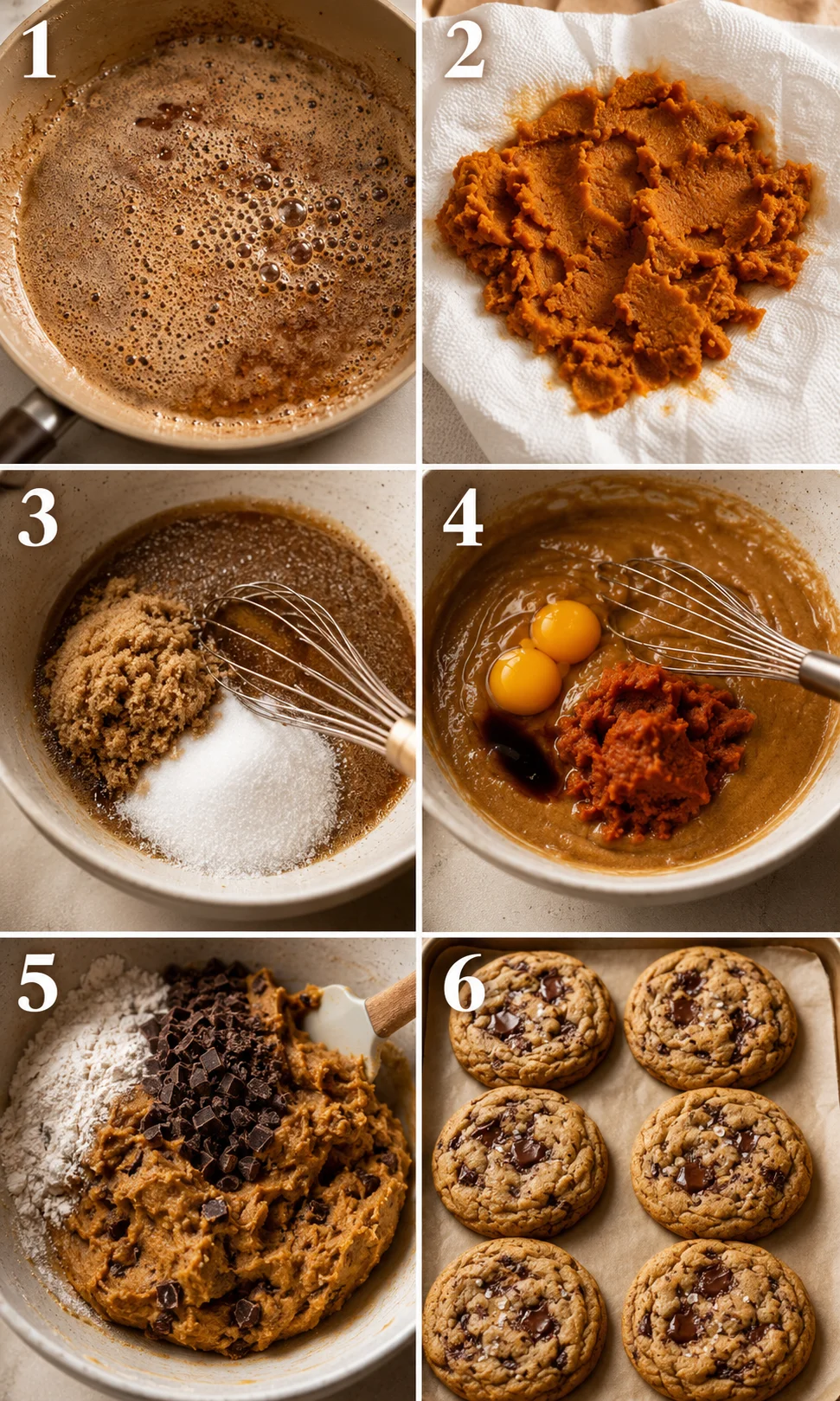 Step-by-step photos of making thick, chewy pumpkin chocolate chip cookies.
