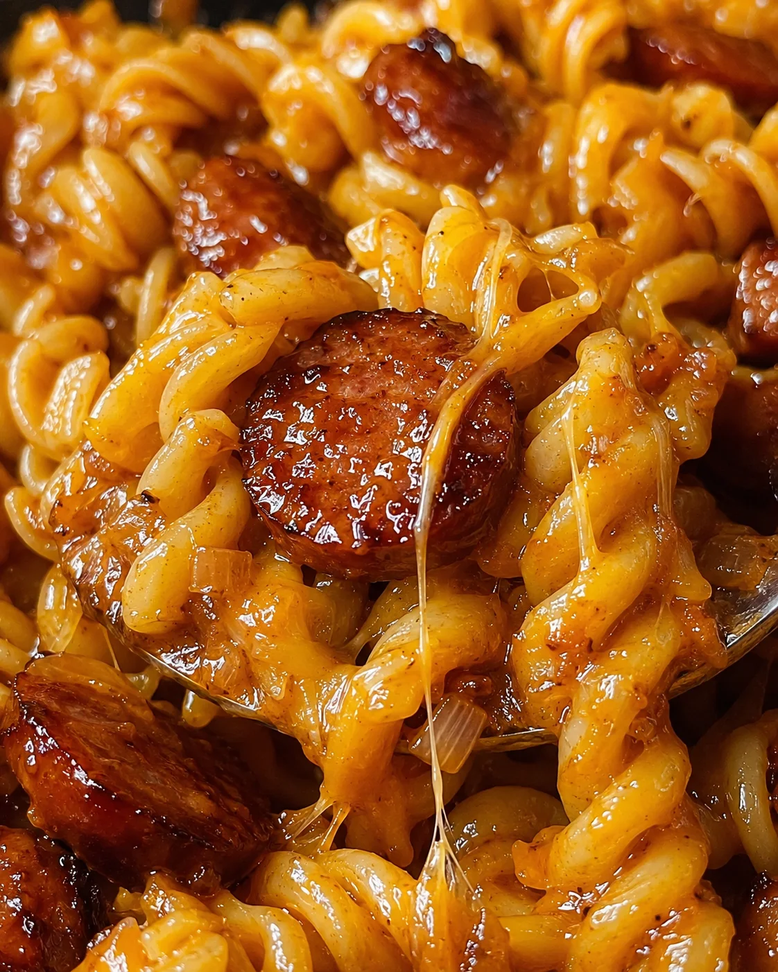 Close-up of smoky sausage and cheesy pasta with BBQ sauce in a skillet
