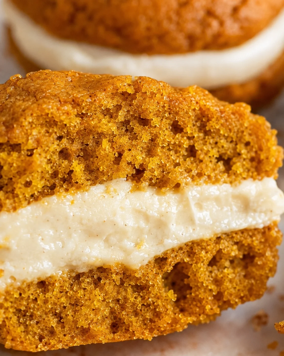 Close-up of a pumpkin whoopie pie with creamy maple frosting inside