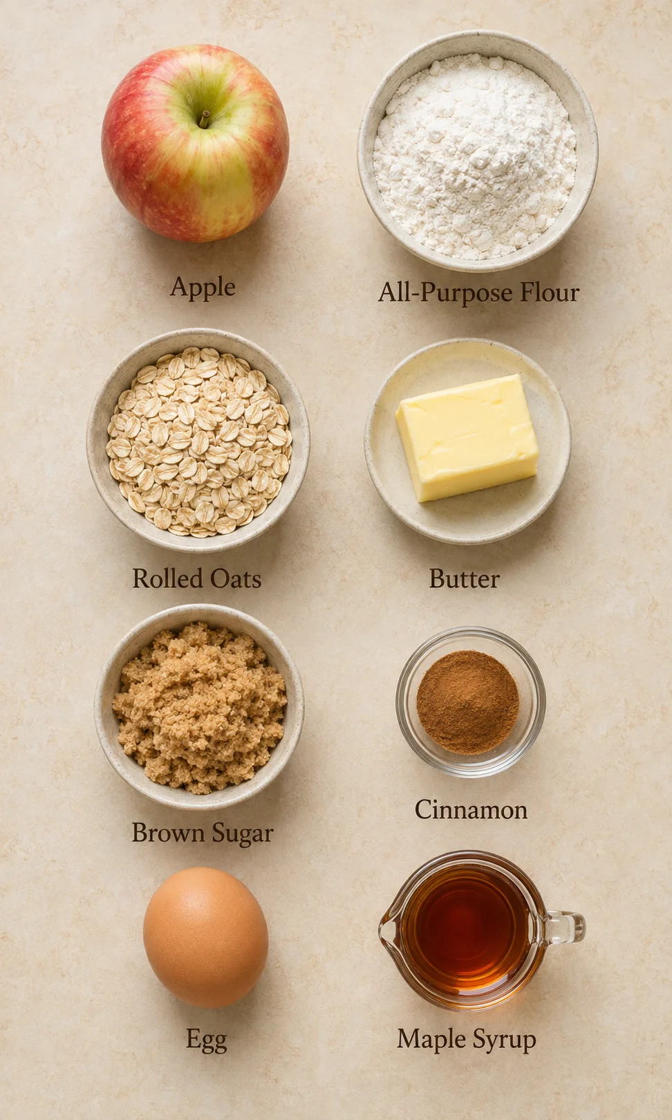 Bowl of flour, butter, rolled oats, and apple for cookie preparation