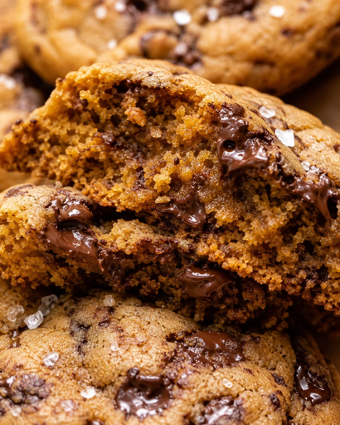 Close-up of thick, chewy pumpkin chocolate chip cookies with melted chocolate pieces.
