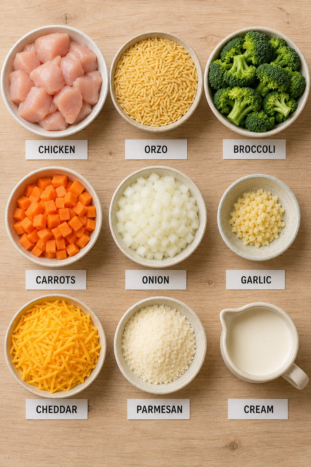 Selection of ingredients including chicken, broccoli, orzo, and cheese for the dish