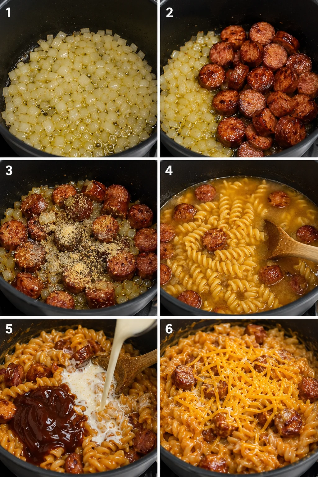 Delicious one-pot sausage pasta with honey BBQ sauce, cooked in a black skillet.