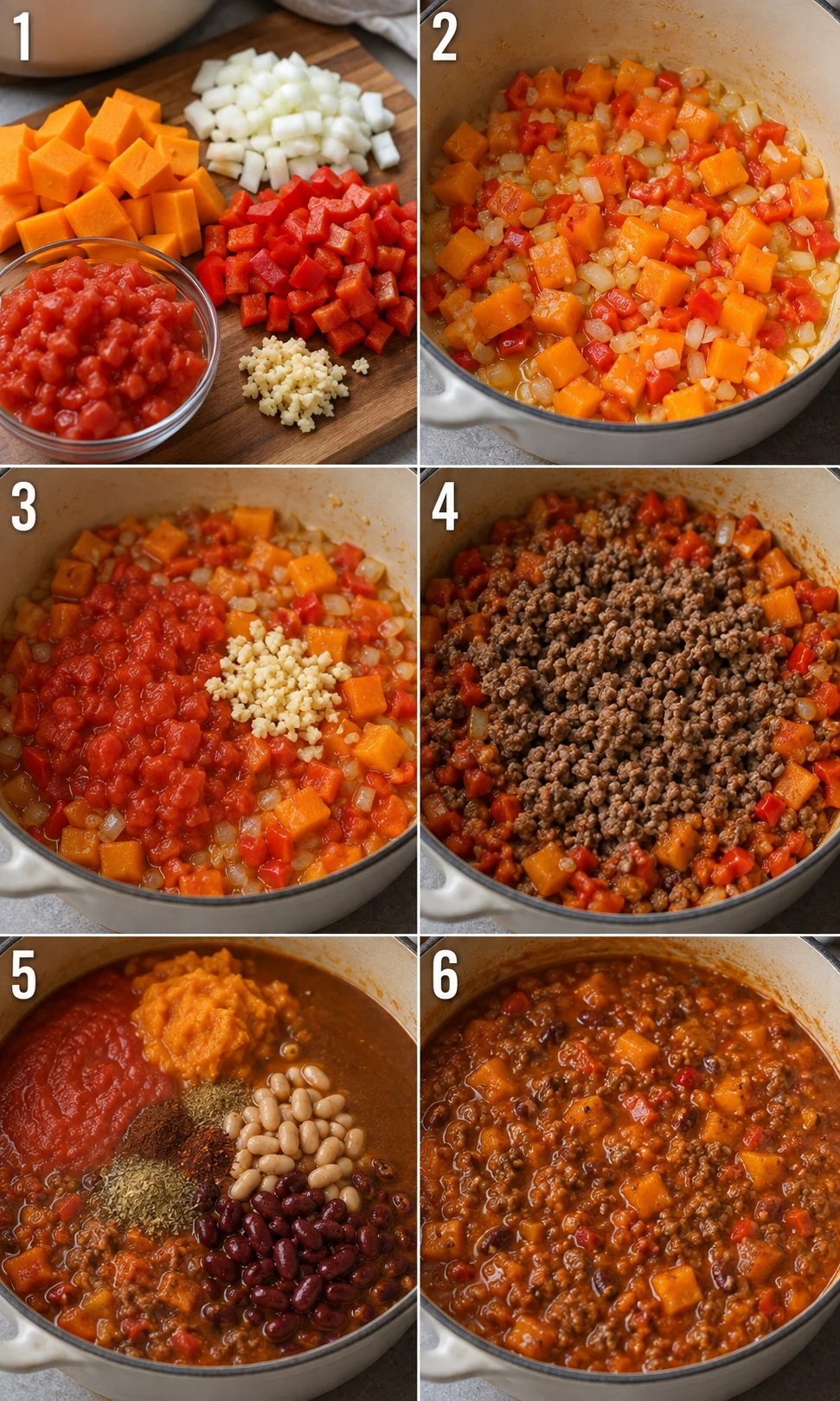 Step-by-step images of pumpkin chili ingredients and cooking process