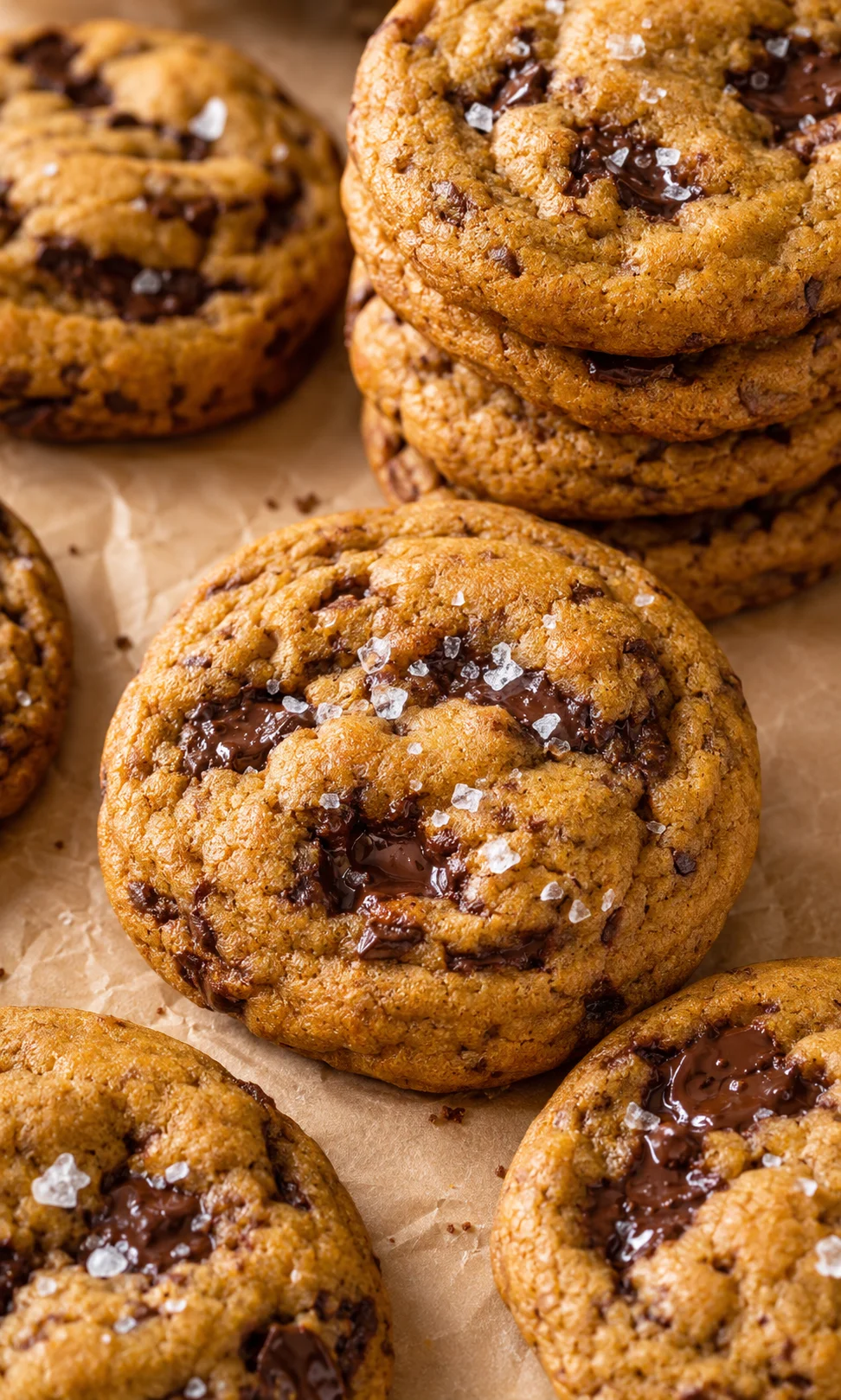 Close-up of soft, chewy pumpkin chocolate chip cookies with melted chocolate and sea salt