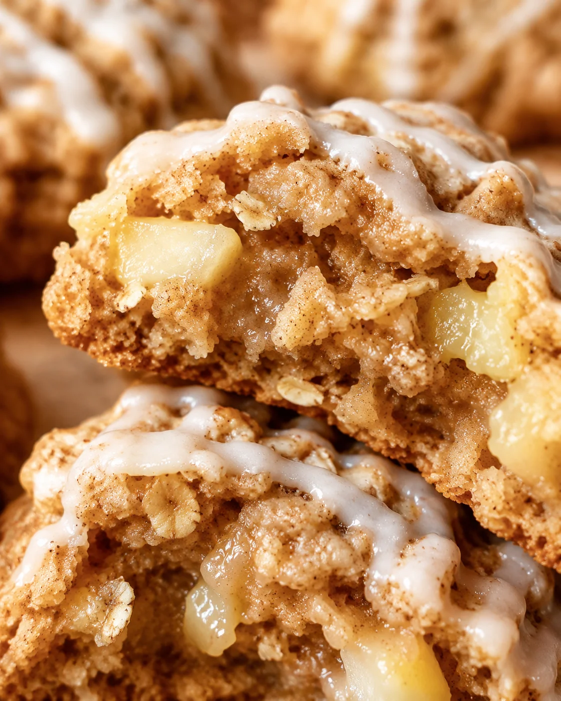 Close-up of soft apple cinnamon cookies drizzled with maple glaze, showing tender apple pieces