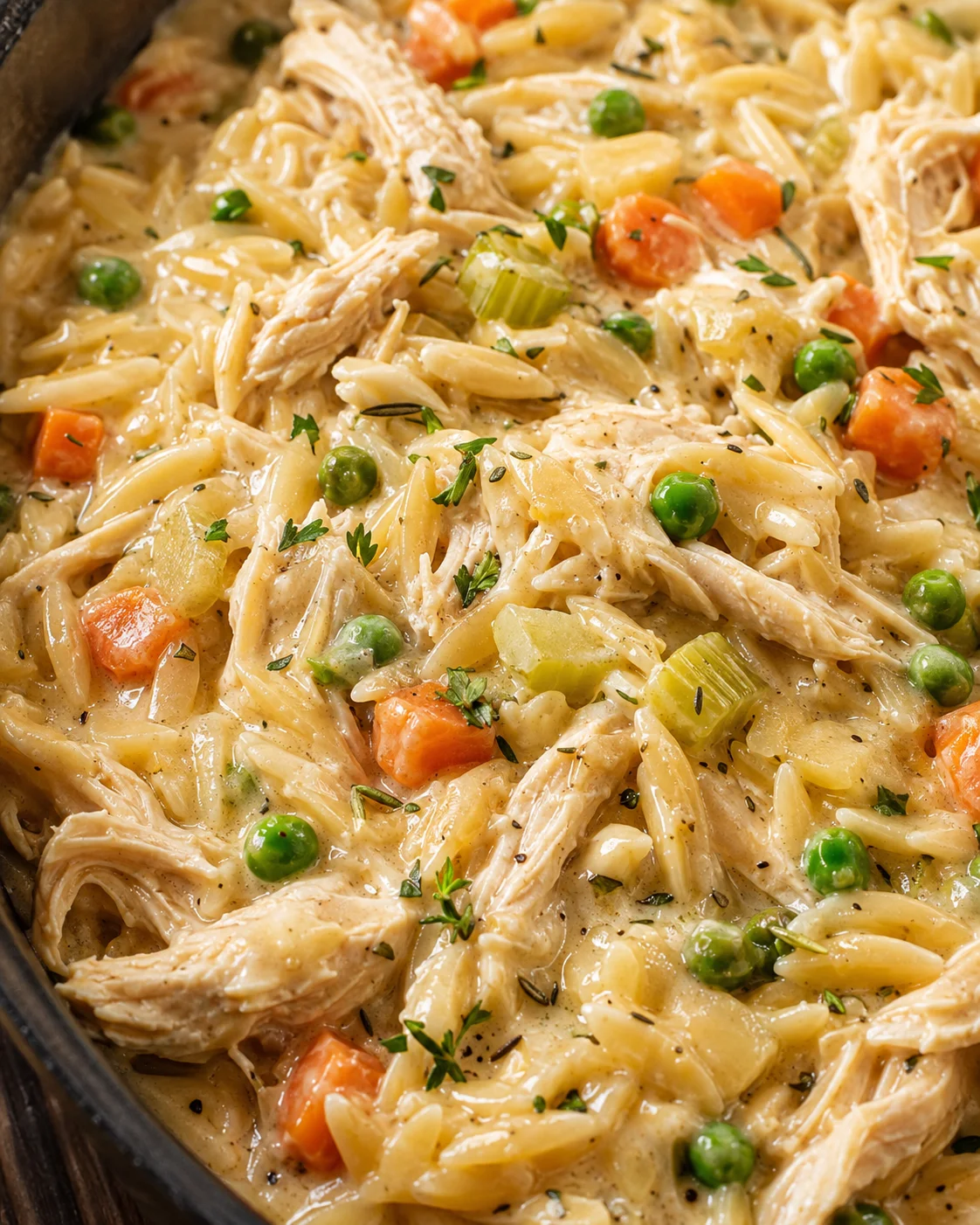 Creamy chicken orzo dish with vegetables and herbs in a skillet