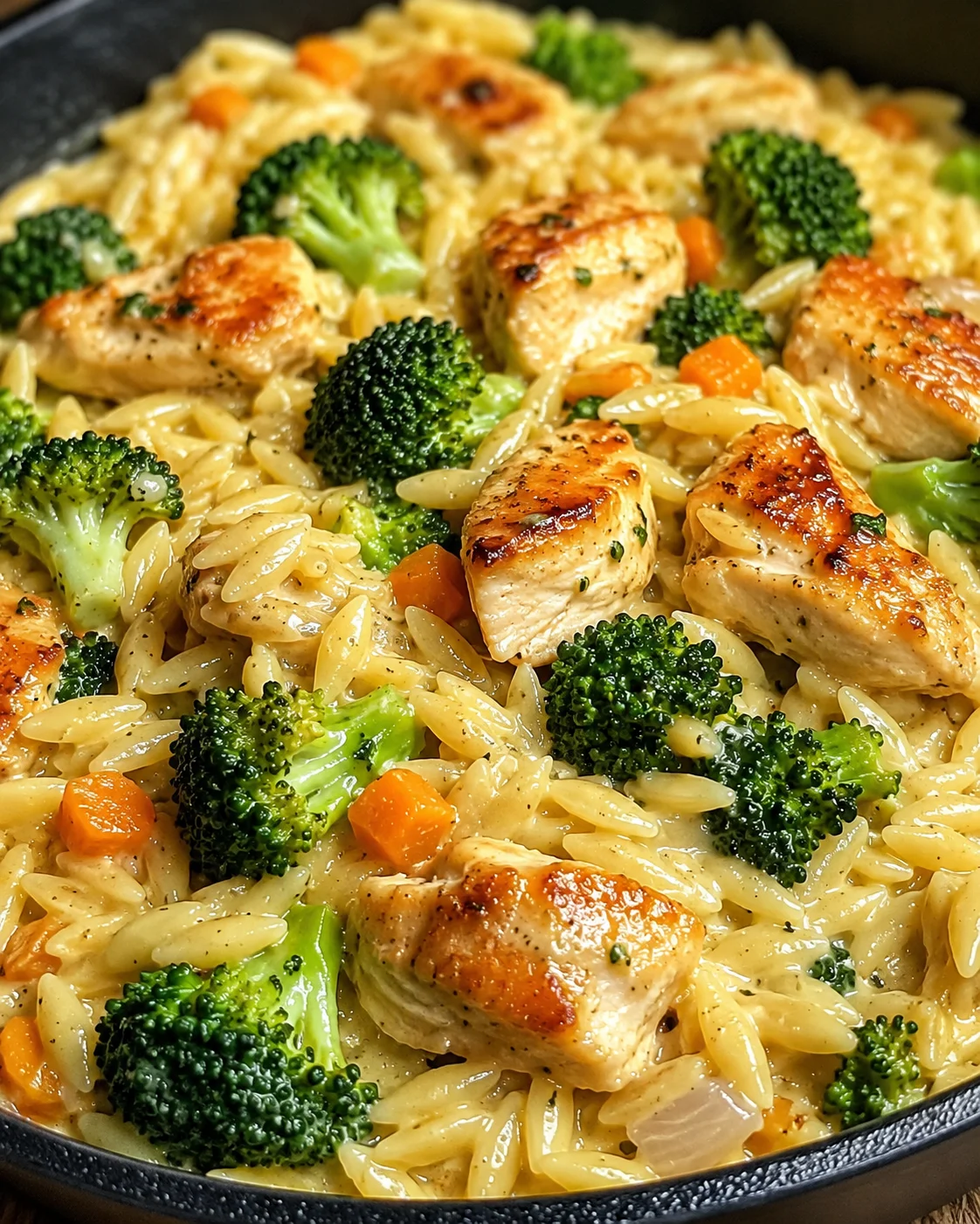 Creamy Chicken Broccoli Orzo Dish Hearty, cheesy chicken and broccoli orzo cooked in one pot for quick dinner.