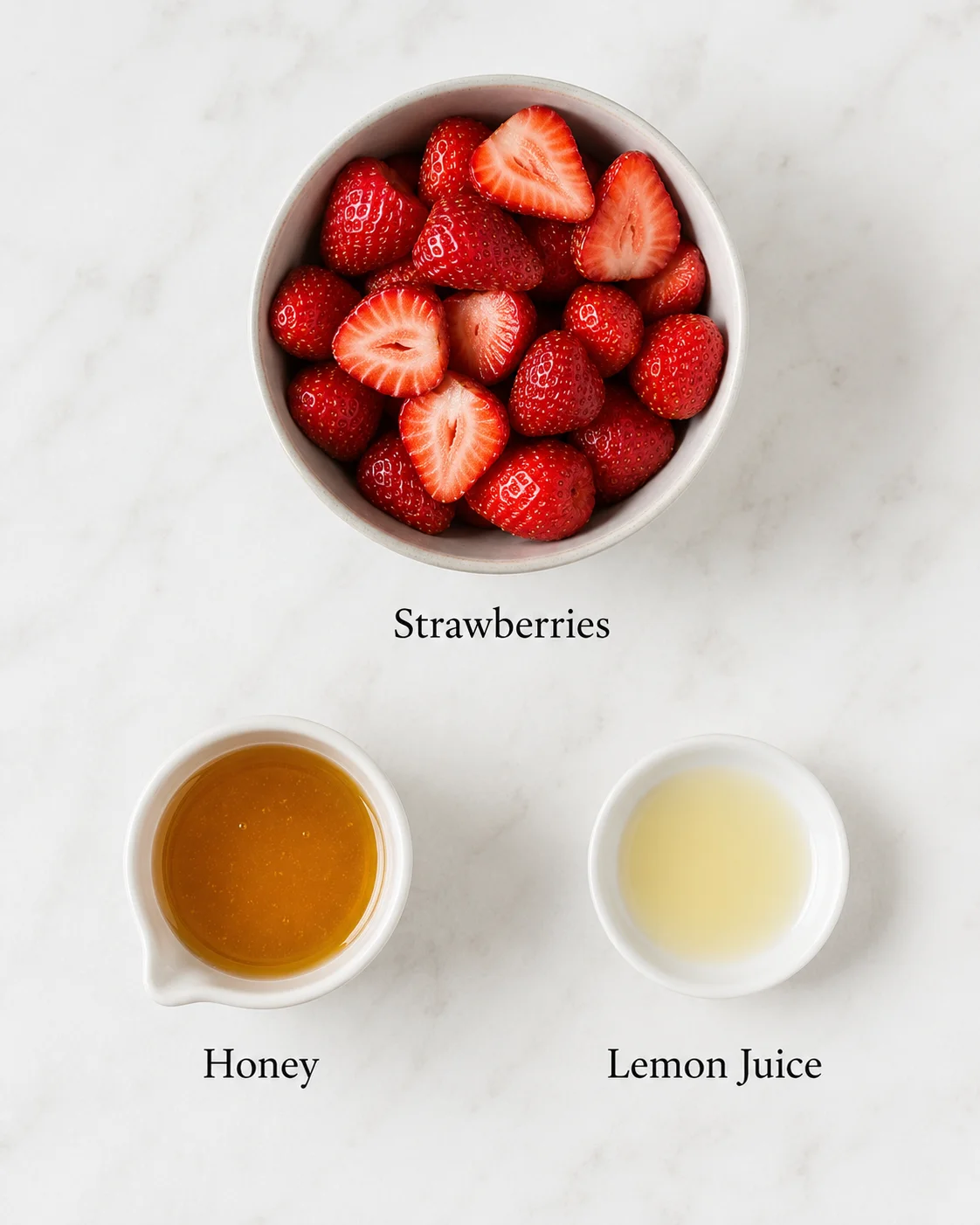 Bowl of fresh strawberries with honey and lemon juice on a white surface