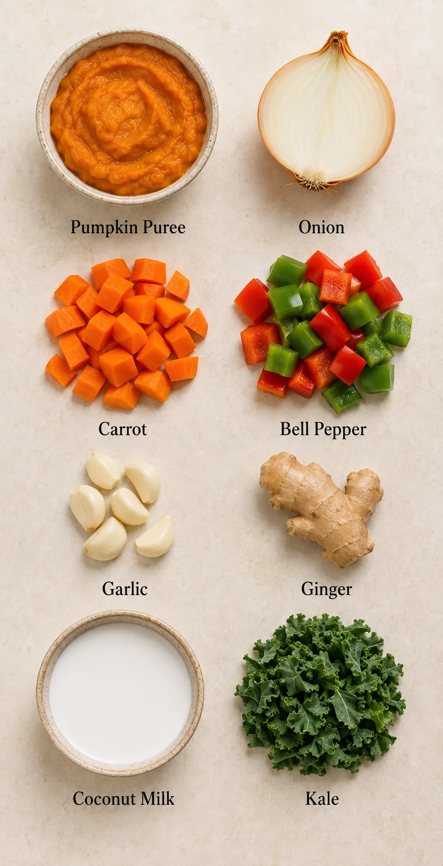 Assortment of ingredients for Indian pumpkin curry including pumpkin purée, onion, carrot, bell pepper, garlic, ginger, coconut milk, and kale.