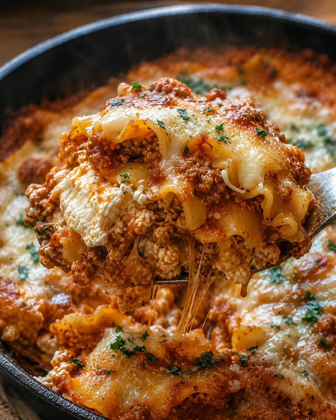 Close-up of cheesy skillet lasagna with melting cheese being pulled apart.