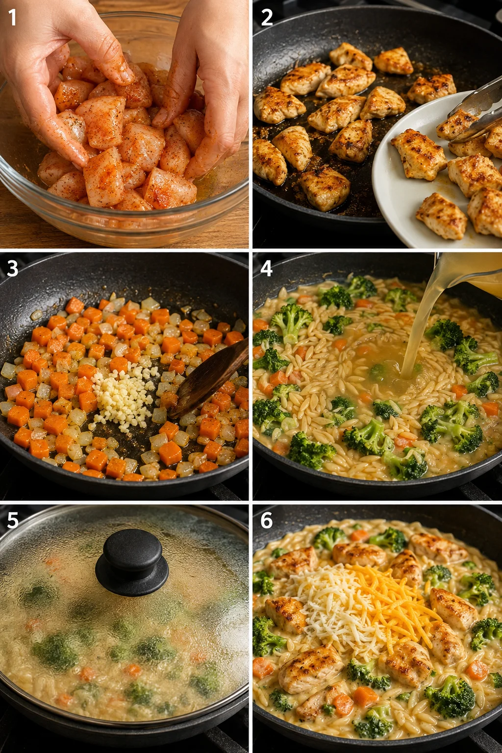 Step-by-step images of preparing cheesy chicken and broccoli orzo dish