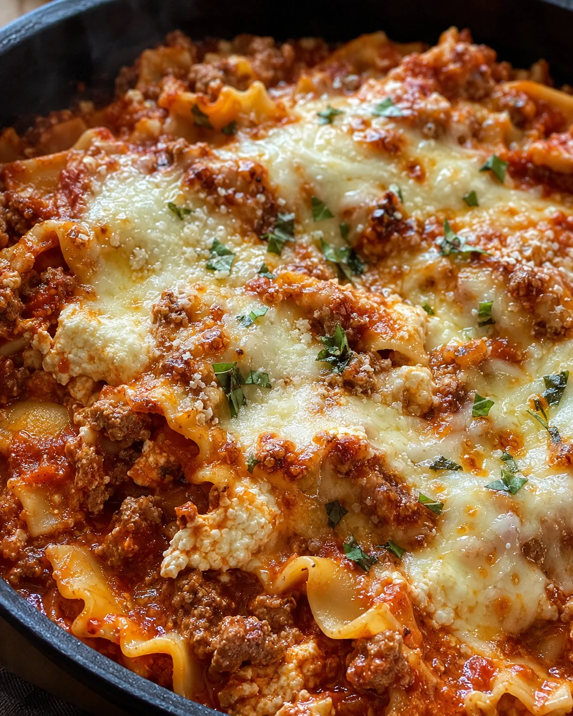 Close-up of cheesy, saucy skillet lasagna topped with herbs and Parmesan cheese.