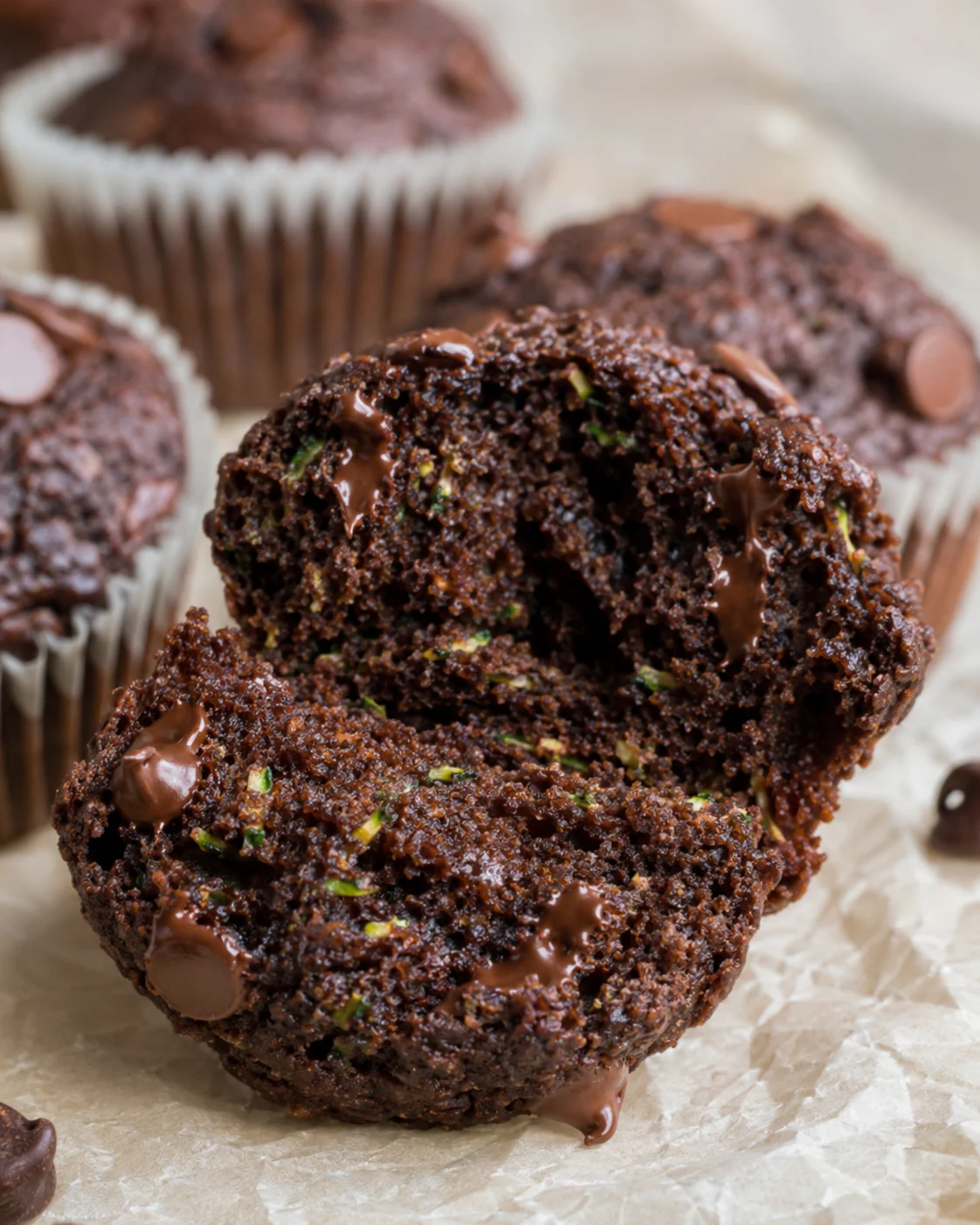 Close-up of a sliced chocolate zucchini muffin showing moist interior with chocolate chips and zucchini