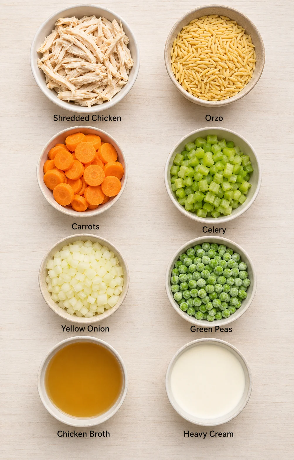 Colorful bowls of shredded chicken, orzo, vegetables, and broth for the dish