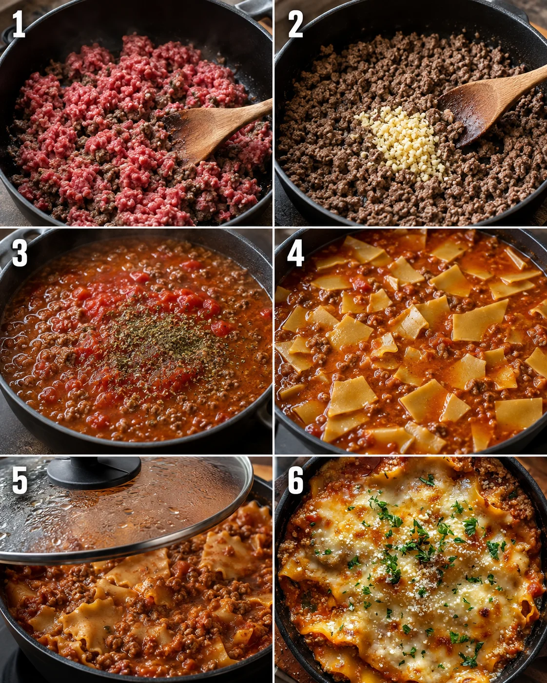 Step-by-step images of making easy one pot skillet lasagna with layers of meat, pasta, cheese, and sauce.
