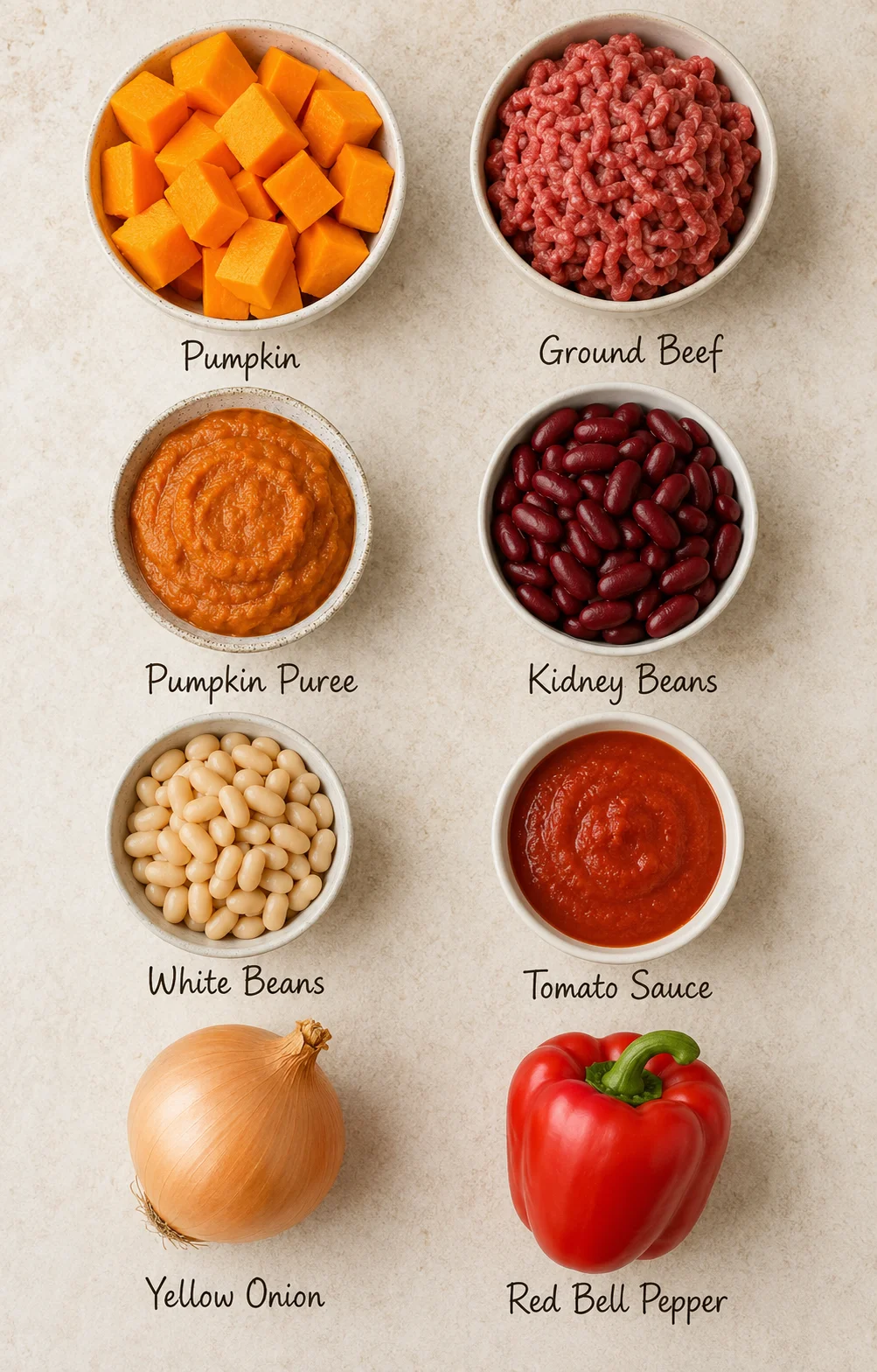 Assorted bowls with pumpkin, ground beef, beans, and vegetables for chili.